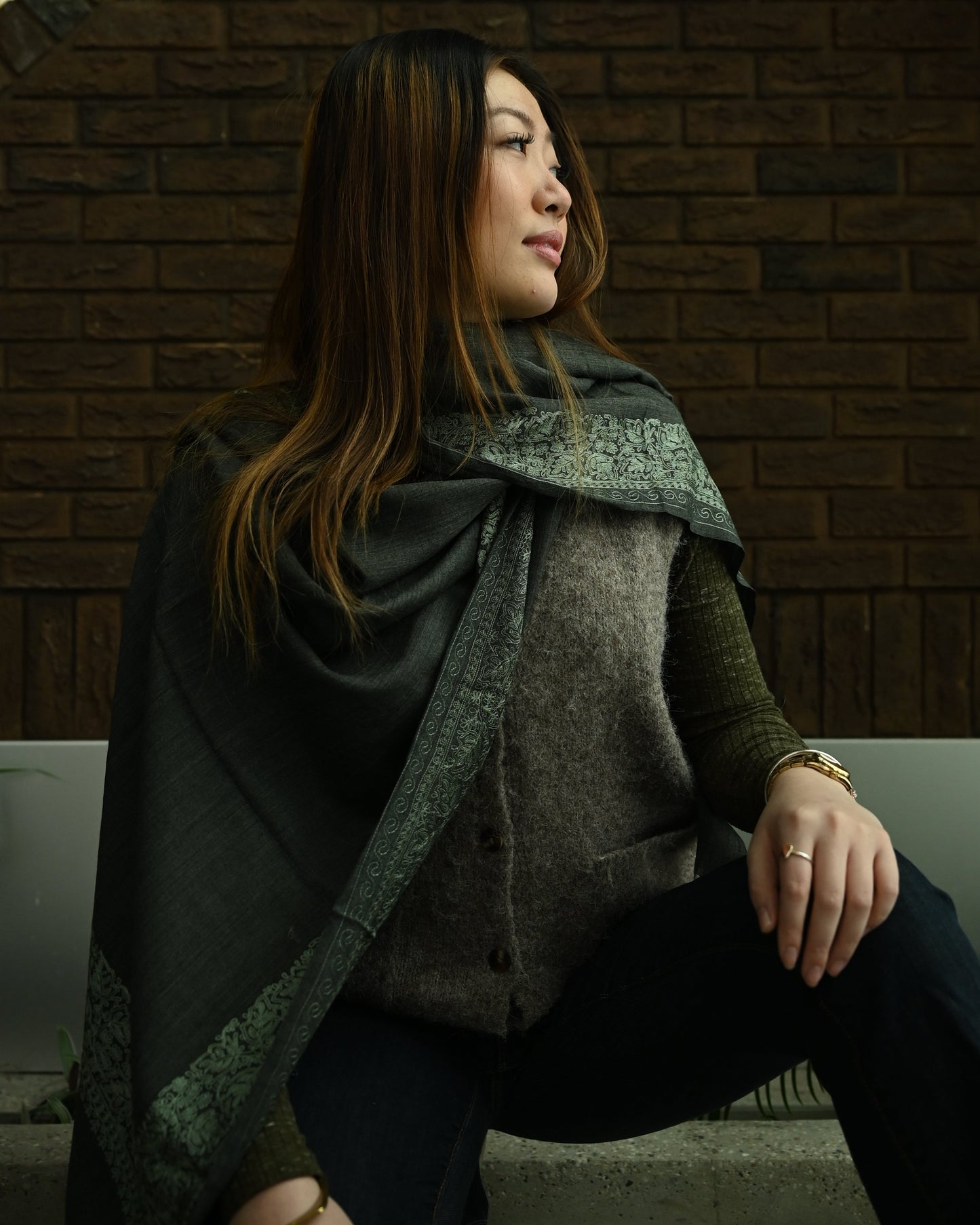 The Kashmir Pashmina Shawl (Grey/Mint)